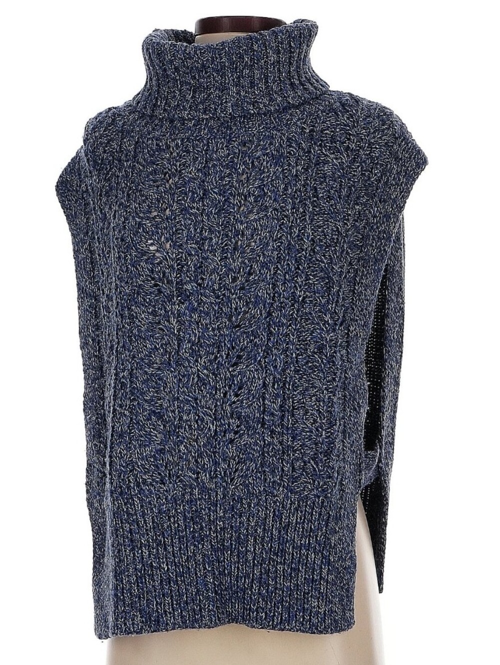 Veronica Beard Navy Marled Cable Knit Sleeveless Turtleneck Vest